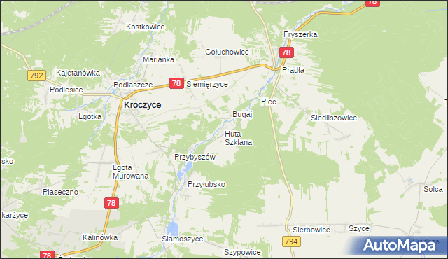 mapa Huta Szklana gmina Kroczyce, Huta Szklana gmina Kroczyce na mapie Targeo