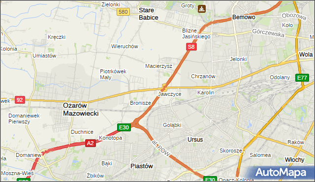 mapa Jawczyce gmina Ożarów Mazowiecki, Jawczyce gmina Ożarów Mazowiecki na mapie Targeo