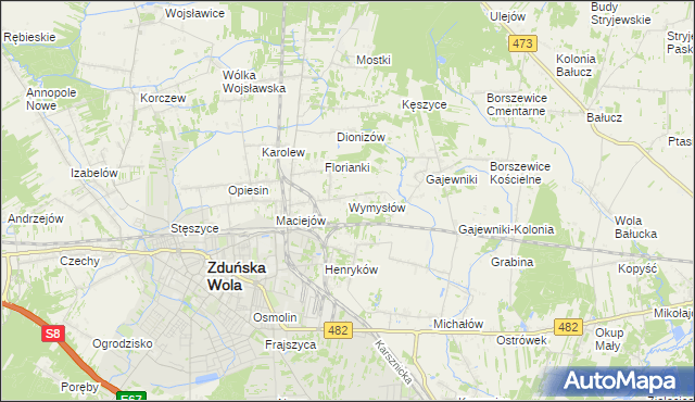 mapa Wymysłów gmina Zduńska Wola, Wymysłów gmina Zduńska Wola na mapie Targeo