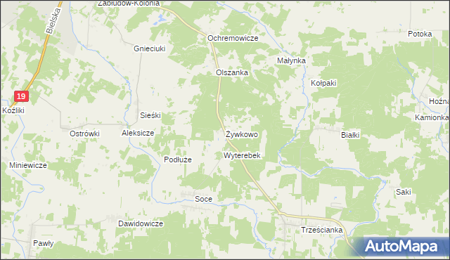 mapa Żywkowo gmina Zabłudów, Żywkowo gmina Zabłudów na mapie Targeo