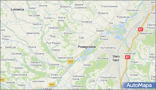 mapa Podegrodzie powiat nowosądecki, Podegrodzie powiat nowosądecki na mapie Targeo