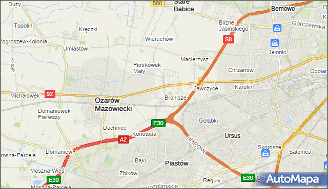 mapa Bronisze gmina Ożarów Mazowiecki, Bronisze gmina Ożarów Mazowiecki na mapie Targeo
