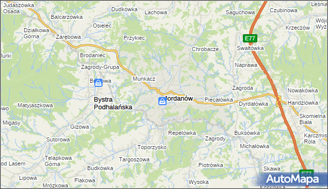 mapa Jordanów powiat suski, Jordanów powiat suski na mapie Targeo