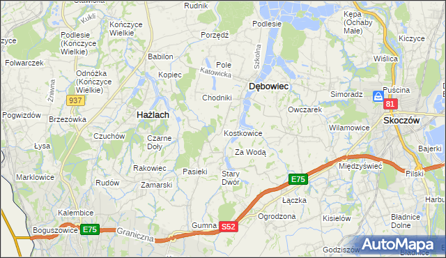 mapa Kostkowice gmina Dębowiec, Kostkowice gmina Dębowiec na mapie Targeo