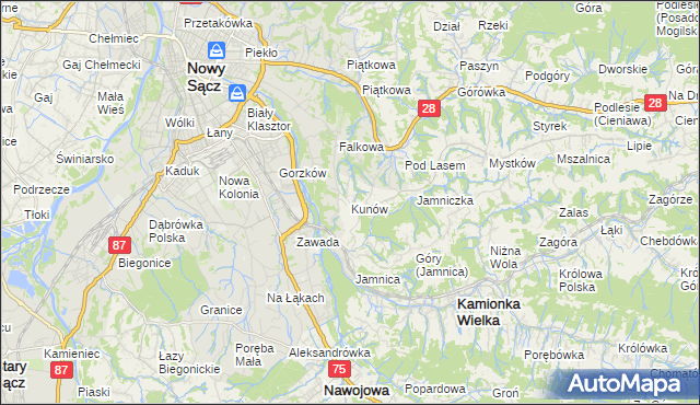 mapa Kunów gmina Chełmiec, Kunów gmina Chełmiec na mapie Targeo