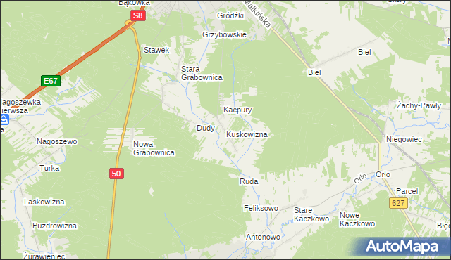 mapa Kuskowizna gmina Ostrów Mazowiecka, Kuskowizna gmina Ostrów Mazowiecka na mapie Targeo
