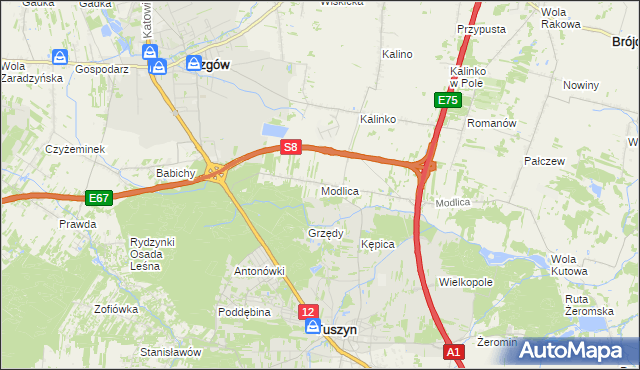 mapa Modlica gmina Tuszyn, Modlica gmina Tuszyn na mapie Targeo