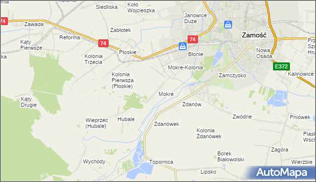 mapa Mokre gmina Zamość, Mokre gmina Zamość na mapie Targeo