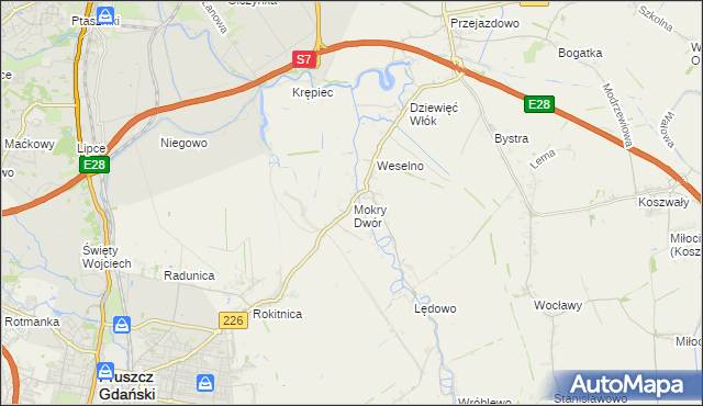 mapa Mokry Dwór gmina Pruszcz Gdański, Mokry Dwór gmina Pruszcz Gdański na mapie Targeo