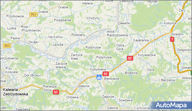 mapa Podchybie gmina Lanckorona, Podchybie gmina Lanckorona na mapie Targeo