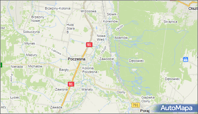 mapa Zawodzie gmina Poczesna, Zawodzie gmina Poczesna na mapie Targeo