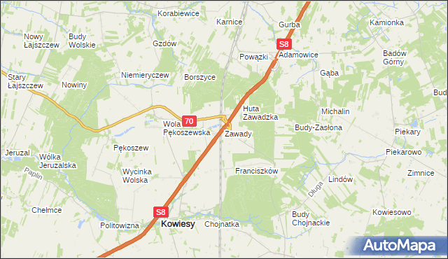 mapa Zawady gmina Kowiesy, Zawady gmina Kowiesy na mapie Targeo