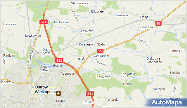 mapa Czekanów gmina Ostrów Wielkopolski, Czekanów gmina Ostrów Wielkopolski na mapie Targeo