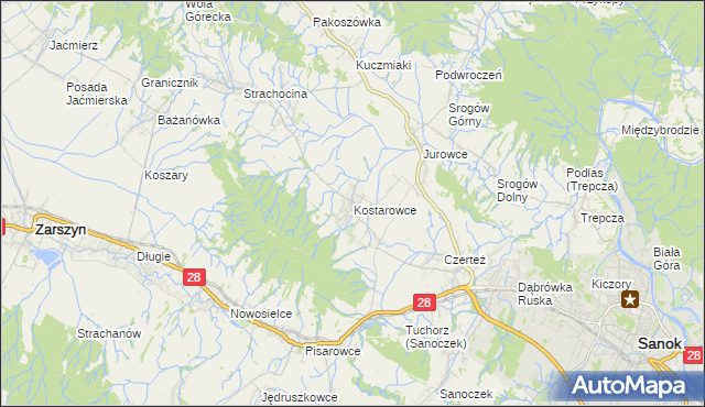 mapa Kostarowce, Kostarowce na mapie Targeo