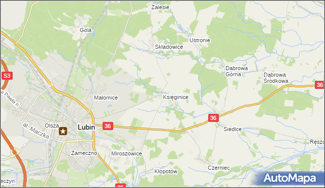 mapa Księginice gmina Lubin, Księginice gmina Lubin na mapie Targeo