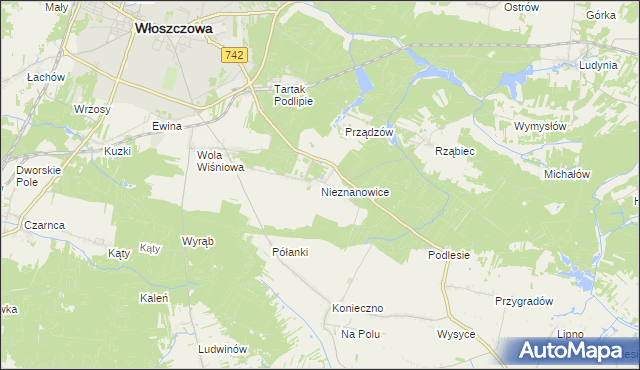 mapa Nieznanowice gmina Włoszczowa, Nieznanowice gmina Włoszczowa na mapie Targeo