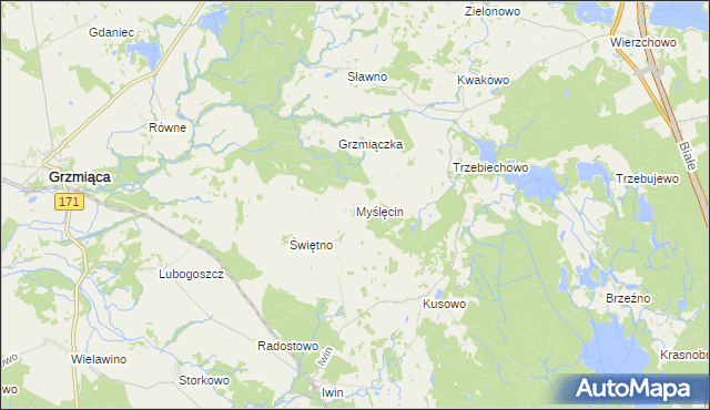 mapa Myślęcin gmina Szczecinek, Myślęcin gmina Szczecinek na mapie Targeo