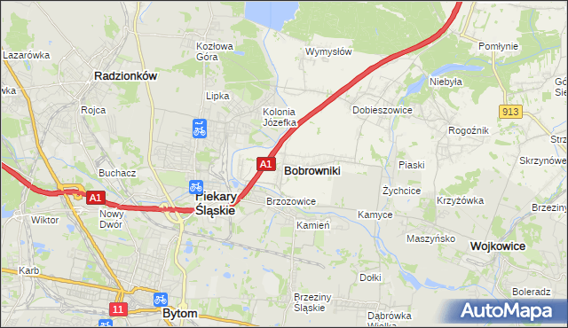 mapa Bobrowniki powiat będziński, Bobrowniki powiat będziński na mapie Targeo