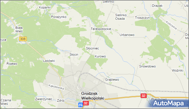 mapa Kurowo gmina Grodzisk Wielkopolski, Kurowo gmina Grodzisk Wielkopolski na mapie Targeo