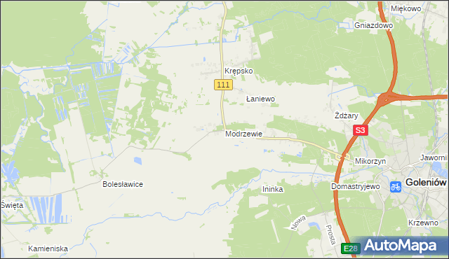 mapa Modrzewie gmina Goleniów, Modrzewie gmina Goleniów na mapie Targeo