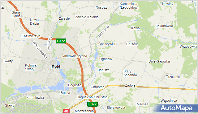 mapa Ogonów gmina Ryki, Ogonów gmina Ryki na mapie Targeo