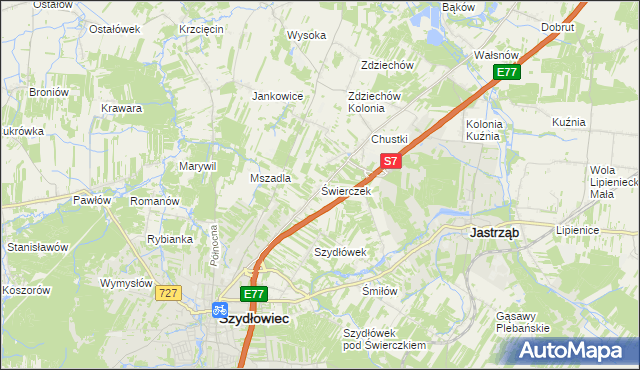 mapa Świerczek gmina Szydłowiec, Świerczek gmina Szydłowiec na mapie Targeo