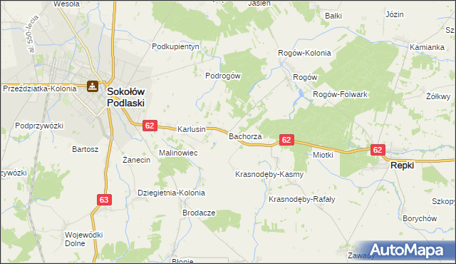 mapa Bachorza gmina Sokołów Podlaski, Bachorza gmina Sokołów Podlaski na mapie Targeo