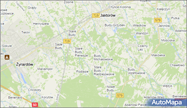 mapa Budy Michałowskie gmina Jaktorów, Budy Michałowskie gmina Jaktorów na mapie Targeo