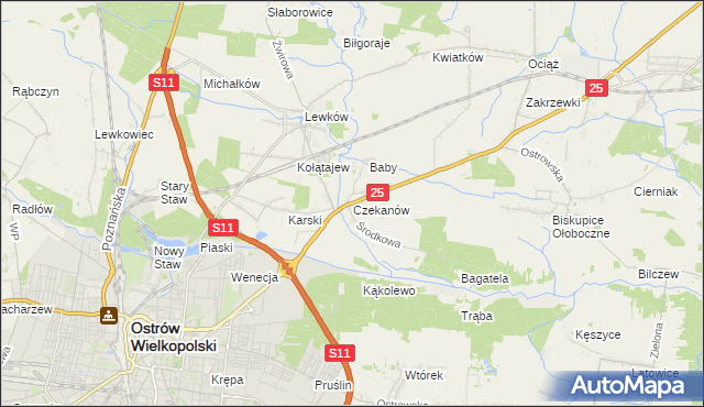 mapa Czekanów gmina Ostrów Wielkopolski, Czekanów gmina Ostrów Wielkopolski na mapie Targeo