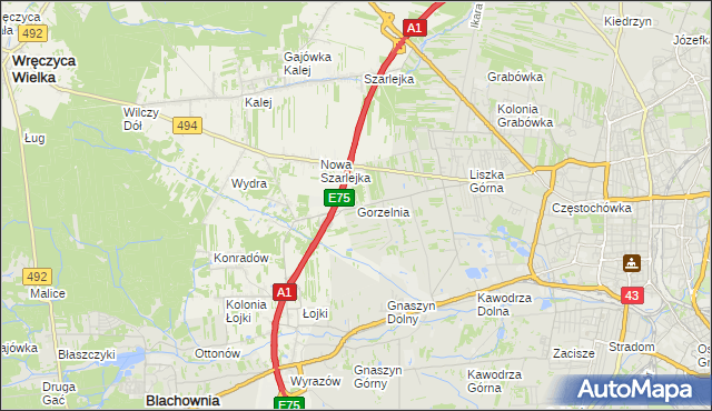 mapa Gorzelnia gmina Blachownia, Gorzelnia gmina Blachownia na mapie Targeo