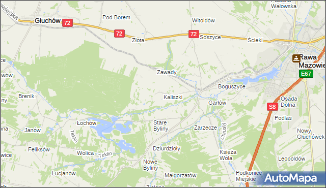 mapa Kaliszki gmina Rawa Mazowiecka, Kaliszki gmina Rawa Mazowiecka na mapie Targeo