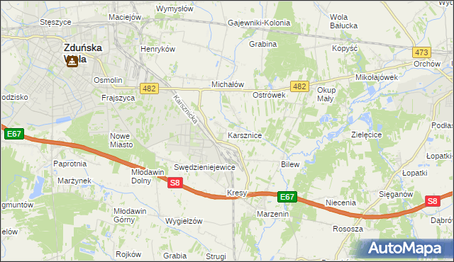 mapa Karsznice gmina Zduńska Wola, Karsznice gmina Zduńska Wola na mapie Targeo