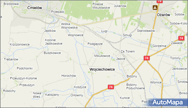 mapa Mikułowice gmina Wojciechowice, Mikułowice gmina Wojciechowice na mapie Targeo
