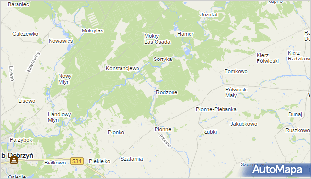 mapa Rodzone gmina Radomin, Rodzone gmina Radomin na mapie Targeo