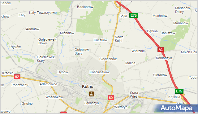 mapa Sieciechów gmina Kutno, Sieciechów gmina Kutno na mapie Targeo