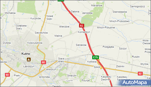 mapa Sieraków gmina Kutno, Sieraków gmina Kutno na mapie Targeo