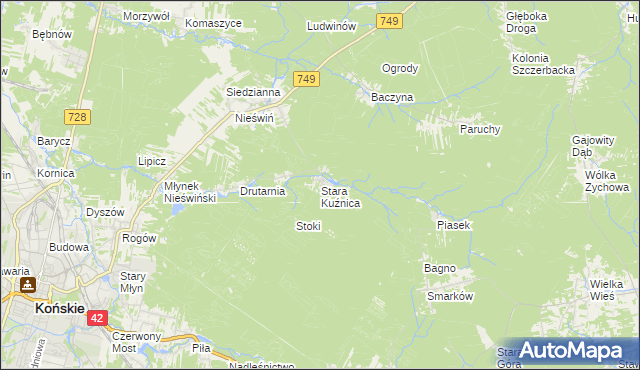 mapa Stara Kuźnica gmina Końskie, Stara Kuźnica gmina Końskie na mapie Targeo