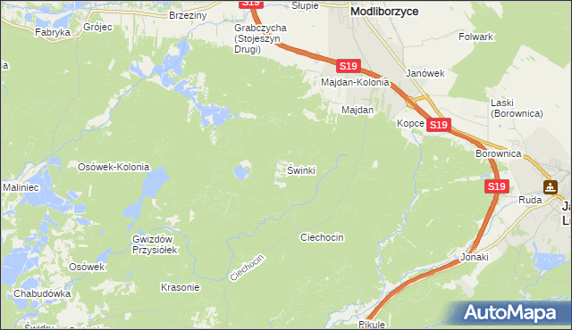 mapa Świnki gmina Modliborzyce, Świnki gmina Modliborzyce na mapie Targeo