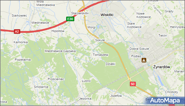mapa Tomaszew gmina Wiskitki, Tomaszew gmina Wiskitki na mapie Targeo