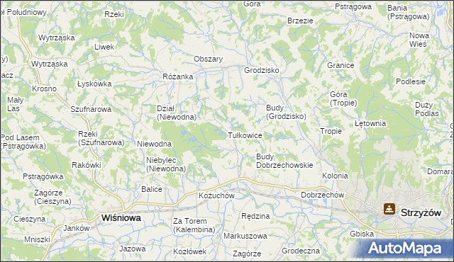 mapa Tułkowice gmina Wiśniowa, Tułkowice gmina Wiśniowa na mapie Targeo