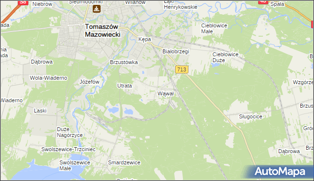 mapa Wąwał gmina Tomaszów Mazowiecki, Wąwał gmina Tomaszów Mazowiecki na mapie Targeo