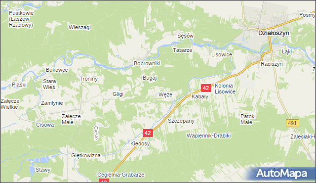 mapa Węże gmina Działoszyn, Węże gmina Działoszyn na mapie Targeo