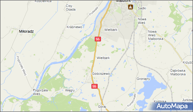mapa Wielbark gmina Malbork, Wielbark gmina Malbork na mapie Targeo