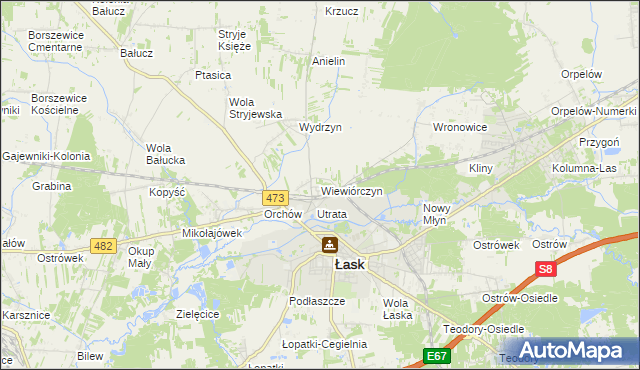 mapa Wiewiórczyn gmina Łask, Wiewiórczyn gmina Łask na mapie Targeo