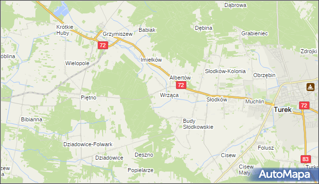 mapa Wrząca gmina Turek, Wrząca gmina Turek na mapie Targeo