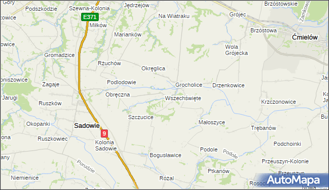 mapa Wszechświęte gmina Sadowie, Wszechświęte gmina Sadowie na mapie Targeo