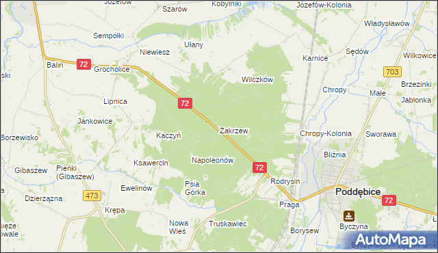 mapa Zakrzew gmina Poddębice, Zakrzew gmina Poddębice na mapie Targeo