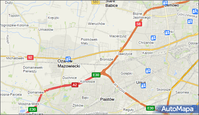 mapa Bronisze gmina Ożarów Mazowiecki, Bronisze gmina Ożarów Mazowiecki na mapie Targeo