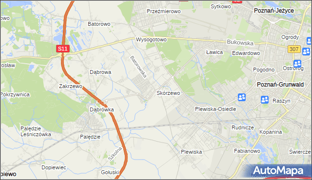 mapa Skórzewo gmina Dopiewo, Skórzewo gmina Dopiewo na mapie Targeo