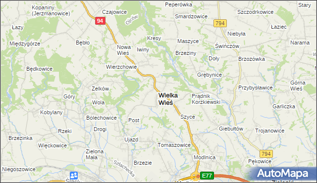 mapa Wielka Wieś powiat krakowski, Wielka Wieś powiat krakowski na mapie Targeo